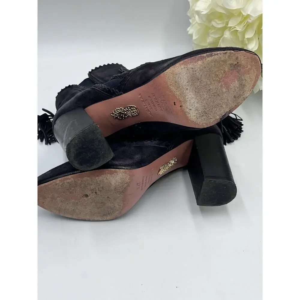 Aquazzura Firenze Black Gray Suede Tristan Fringe Ankle Bootie‎ Tassel 37.5,Sz 7